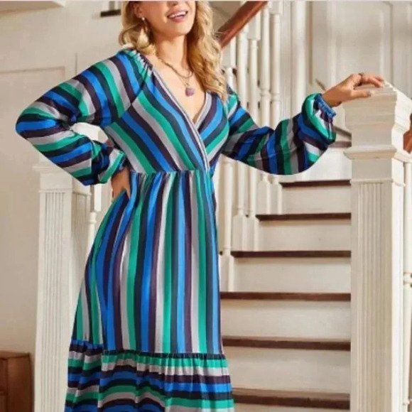 Suzanne Betro  | Blue & Green Stripe V-Neck Midi Dress - Plus Size - NWT - Picture 3 of 13